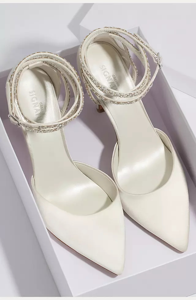 Pearl and Crystal Ankle-Wrap Satin Pumps Image 6