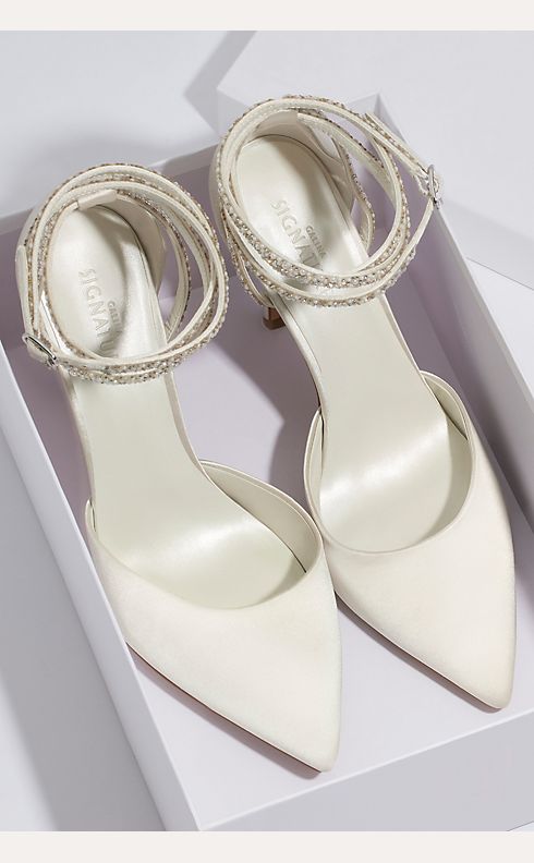 Pearl and Ankle-Wrap Satin Pumps David's Bridal