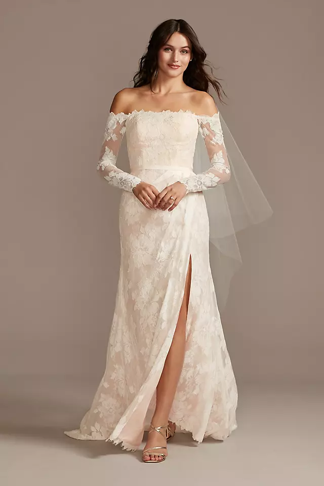 Large Floral Lace Long Sleeve Wedding Dress Image