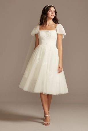 v neck tea length wedding dress