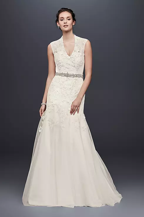 As-Is Cap Sleeve Lace Wedding Dress with 3D Flower Image 1