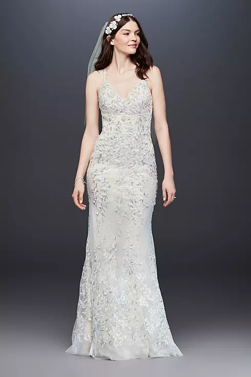 Embroidered and Beaded Lace Sheath Wedding Dress Image 1