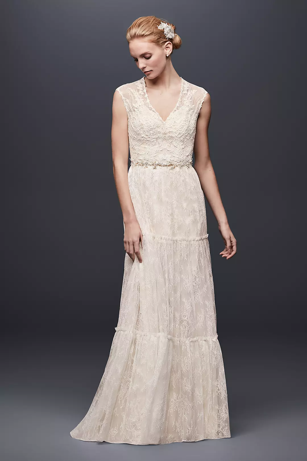 Chantilly Lace Cap-Sleeve Sheath Wedding Dress Image