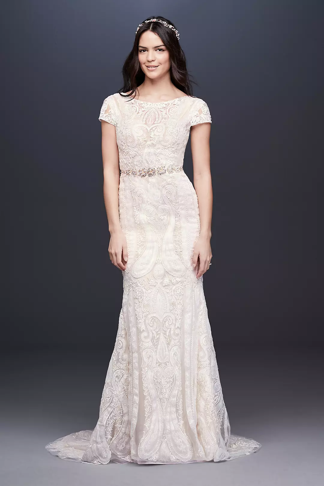 Laser-Cut Lace Illusion Cap Sleeve Wedding Dress Image