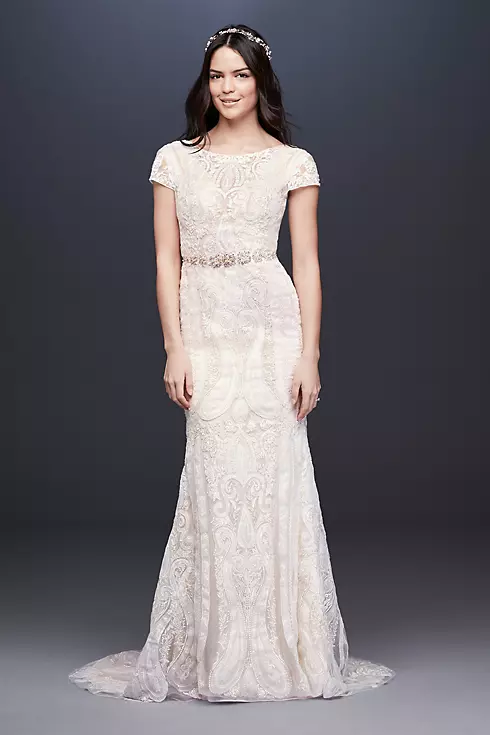 Laser-Cut Lace Illusion Cap Sleeve Wedding Dress Image 1