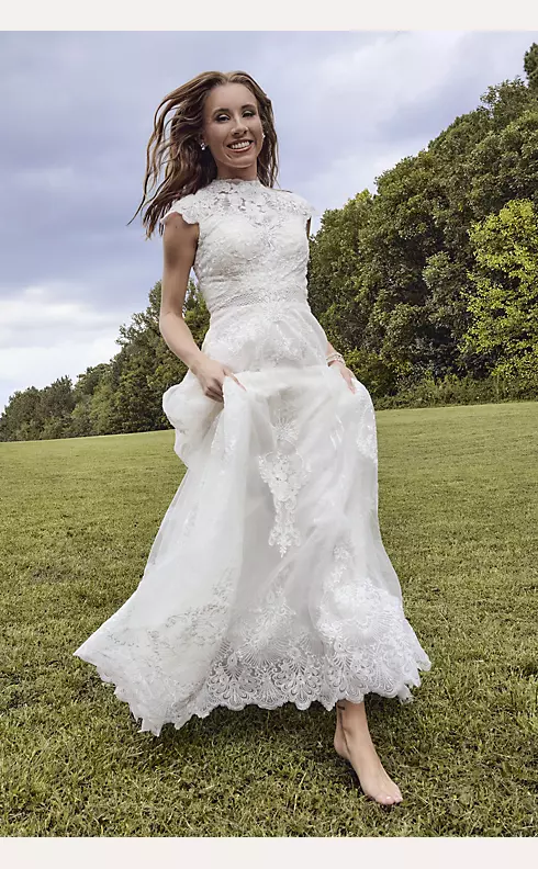 T212014 Vintage Embroidered Lace Wedding Dress with Illusion Neckline