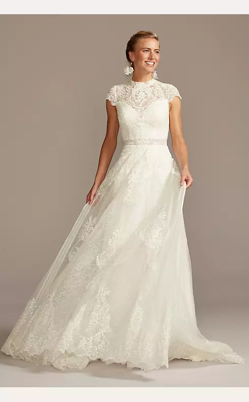 T212014 Vintage Embroidered Lace Wedding Dress with Illusion Neckline