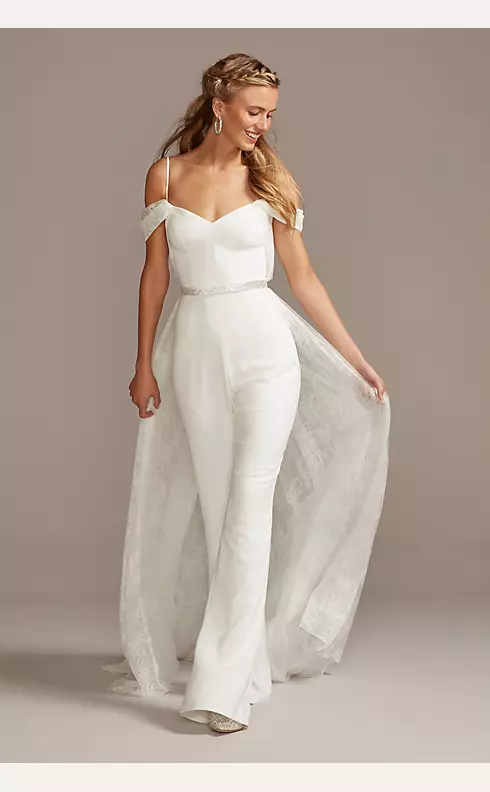 Off-the-Shoulder Wedding Jumpsuit with Lace Train Image 1