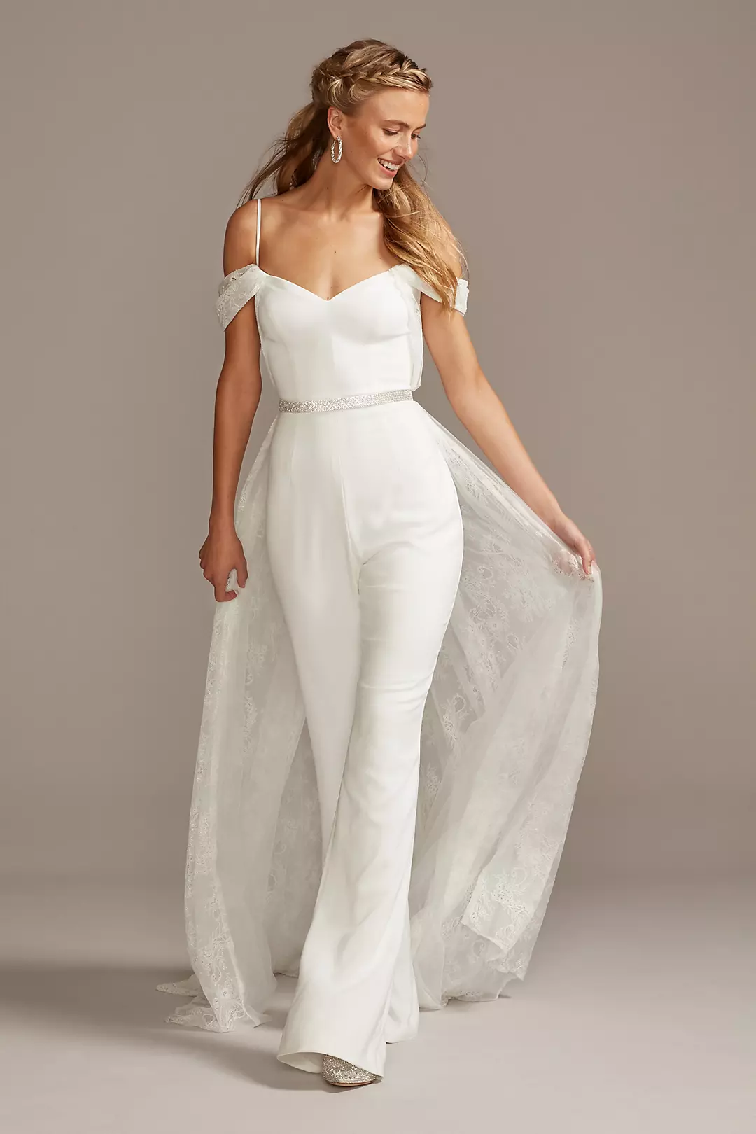 Off-the-Shoulder Wedding Jumpsuit with Lace Train Image