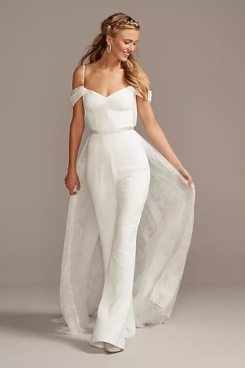 Off-the-Shoulder Wedding Jumpsuit with Lace Train Image 1