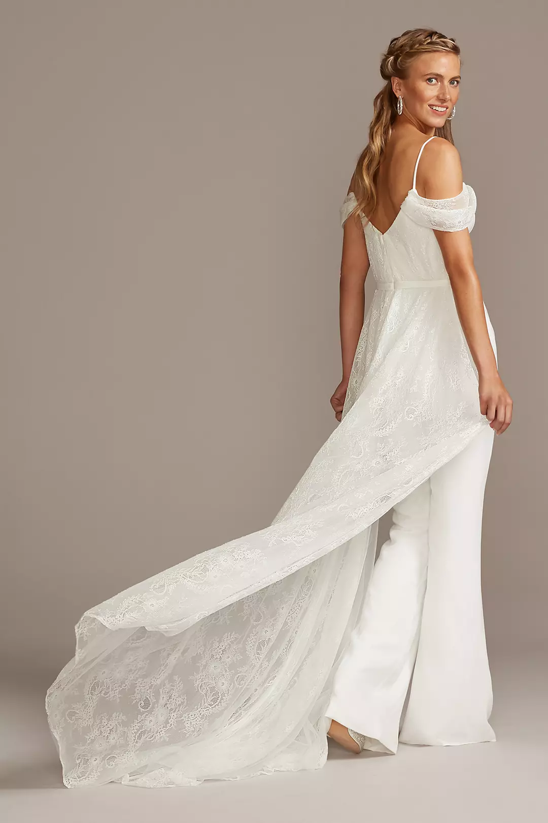 Off-the-Shoulder Wedding Jumpsuit with Lace Train Image 2