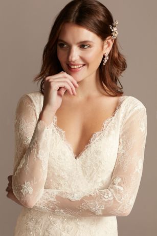 Illusion Long Sleeve Faux Surplice Wedding Dress | David's Bridal