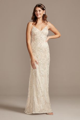 Floral Lace Applique Spaghetti-Strap Wedding Dress