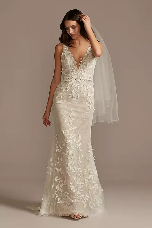 As Is 3D Leaves Applique Lace V-Neck Wedding Dress Image 1