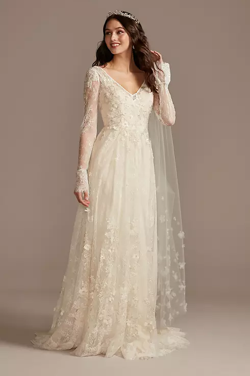 Illusion Long Sleeve Chantilly Lace Wedding Dress Image 1