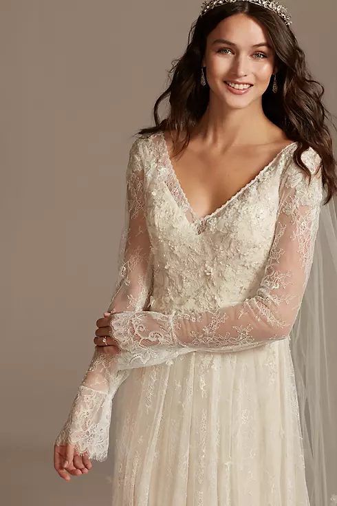 Illusion Long Sleeve Chantilly Lace Wedding Dress Image 3