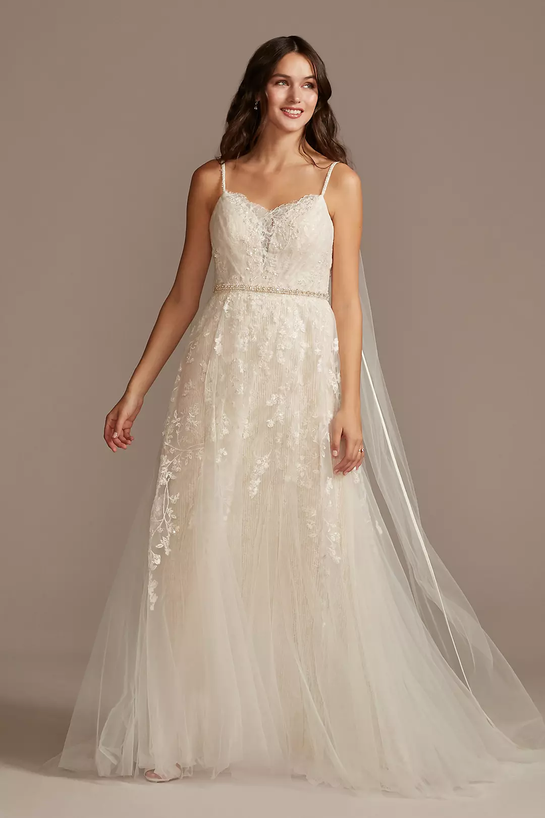Pleated Lace Wedding Dress with Caged Tulle Skirt | David's Pleated Lace Wedding Dress with Caged Tulle Skirt | David's