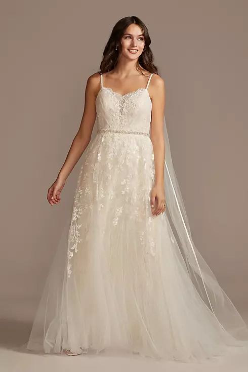Pleated Lace Wedding Dress with Caged Tulle Skirt Image 1