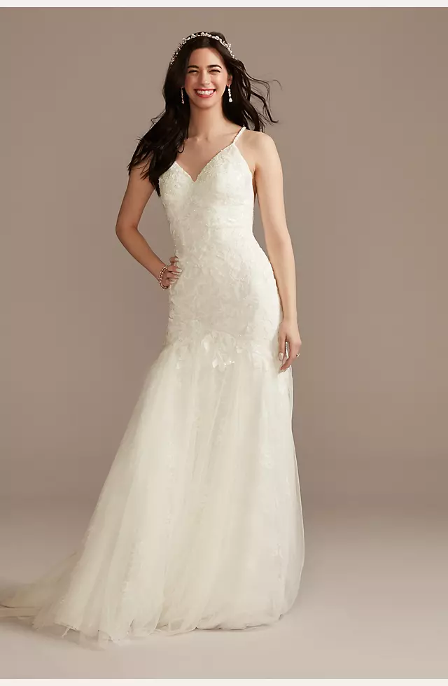 Sexy Spaghetti Strap Side Slit Lace Sequins Wedding Dress, WD3003