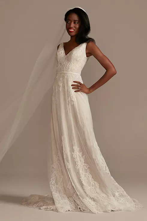 V-Neck Lace Plus Wedding Dress with Scallop Hem Image 1