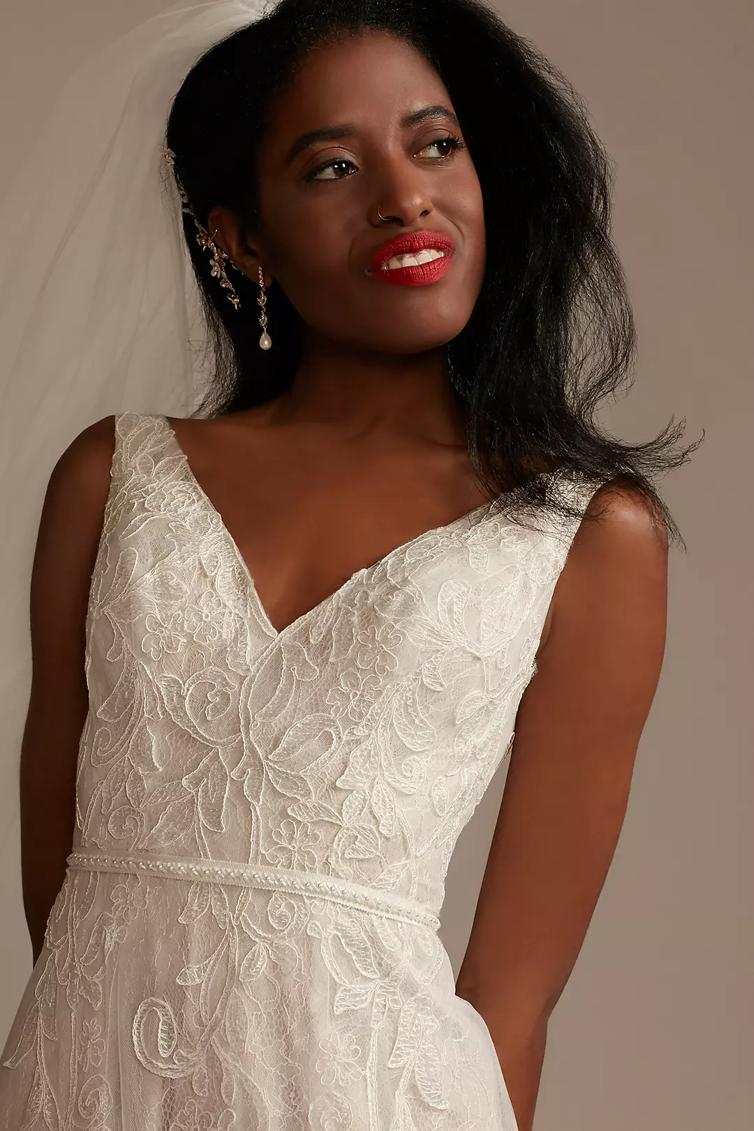 V-Neck Lace Plus Wedding Dress with Scallop Hem Image 3