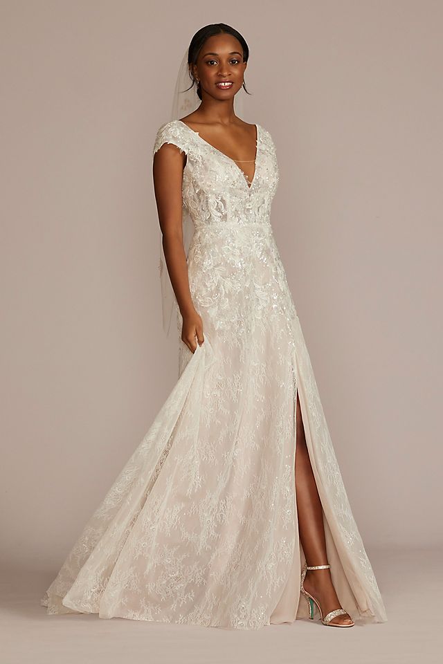Beaded Lace Cap Sleeve Wedding Dress with Slit Image 5