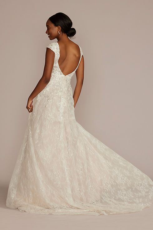 Beaded Lace Cap Sleeve Wedding Dress with Slit Image 5