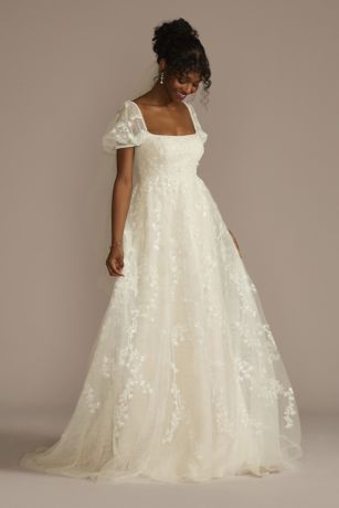 Embroidered Puff Sleeve Empire Waist Wedding Dress David s Bridal