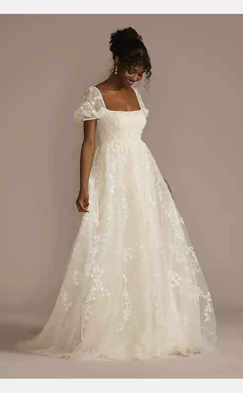 Embroidered Puff Sleeve Empire Waist Wedding Dress