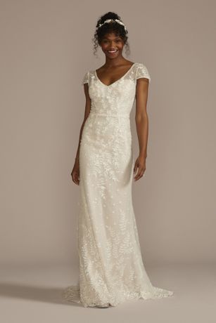 Cap Sleeve V Neck Beaded Lace Sheath Wedding Dress David s Bridal