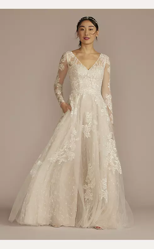 Long Sleeve Pleated Lace Applique Wedding Dress