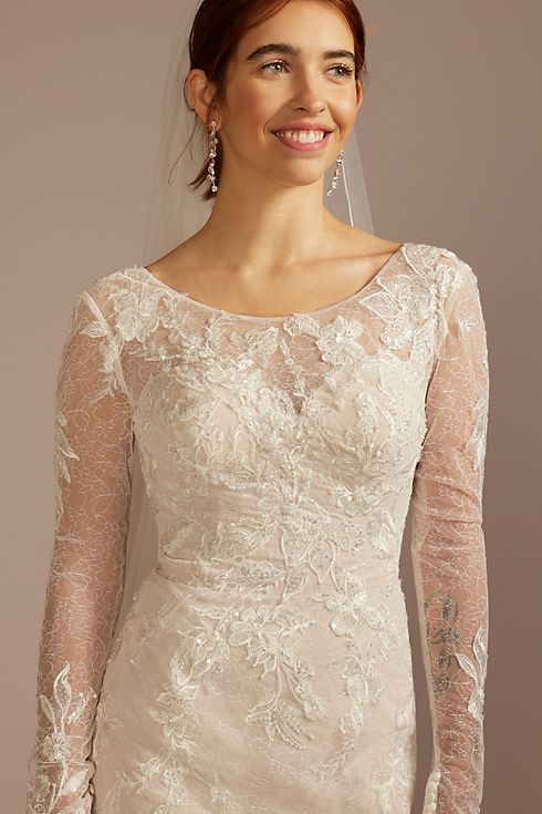 Allover Lace Long Sleeve Sheath Wedding Dress Image 4