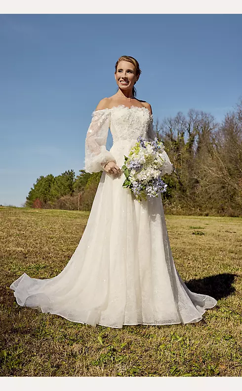 Billowy Long Sleeve Off-the-Shoulder Wedding Dress Image 3