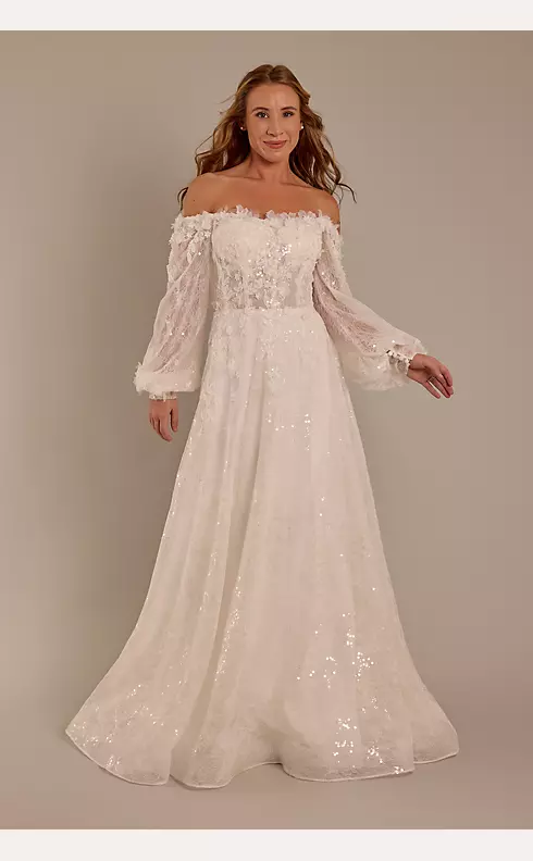 Billowy Long Sleeve Off-the-Shoulder Wedding Dress Image 1