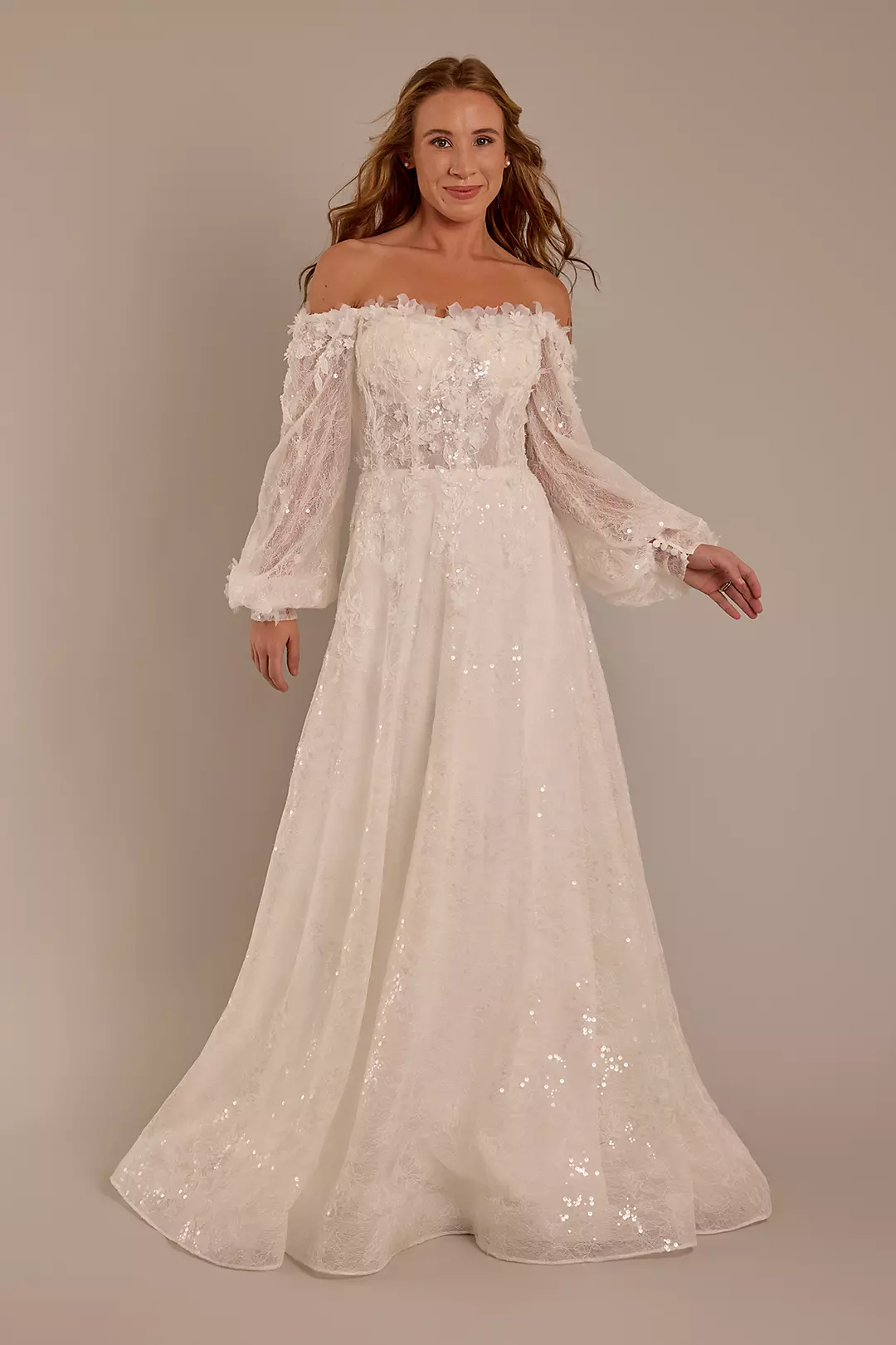 Billowy Long Sleeve Off-the-Shoulder Wedding Dress Image