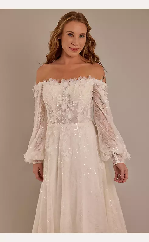 Billowy Long Sleeve Off-the-Shoulder Wedding Dress Image 5