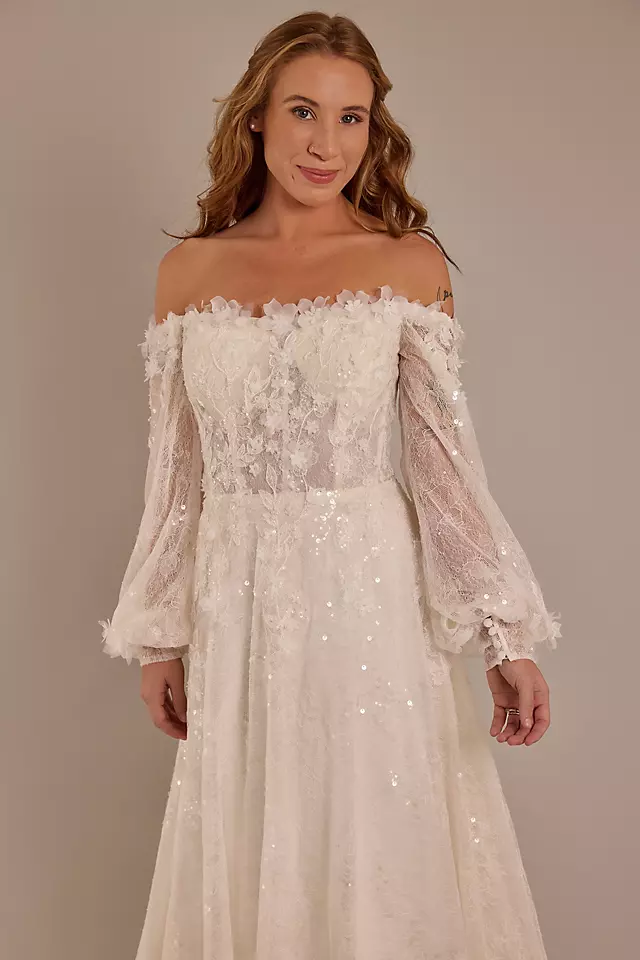 Billowy Long Sleeve Off-the-Shoulder Wedding Dress Image 5