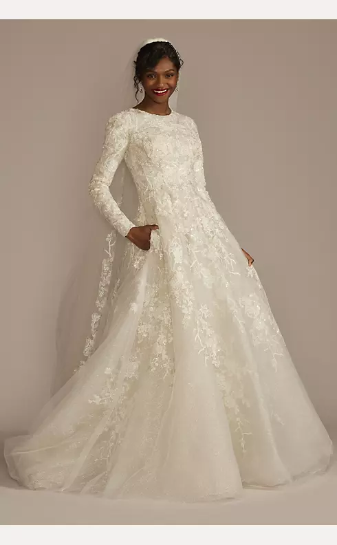 Ball Gown V Neck Full/Long Sleeve Chapel Train Lace Wedding Dress