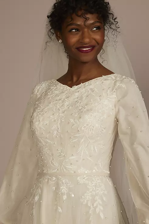Long Sleeve Pearl Tulle Modest Wedding Dress Image 3