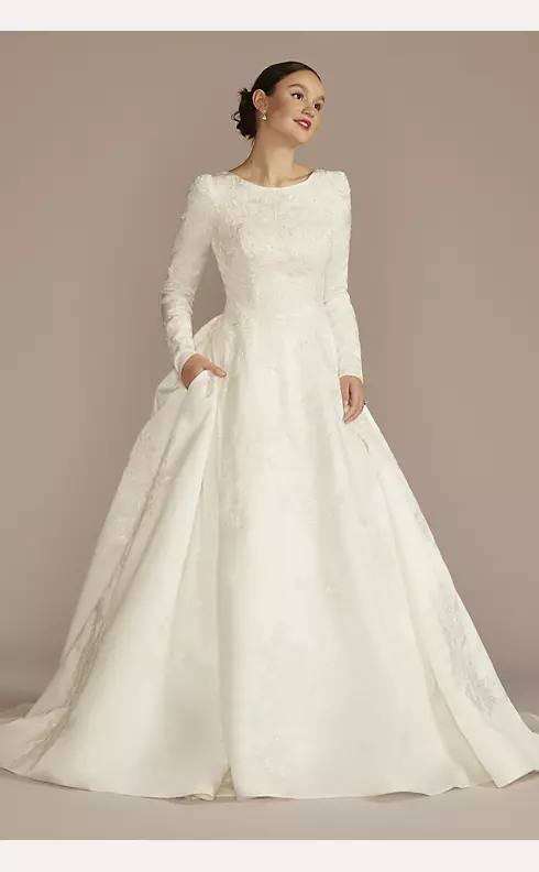 Long Sleeve Beaded Lace Modest Wedding Dress