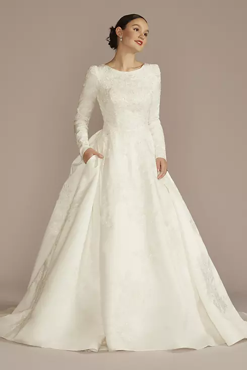 Long Sleeve Beaded Lace Modest Wedding Dress