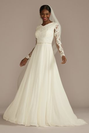 Long Sleeve Pleated Lace Applique Wedding Dress