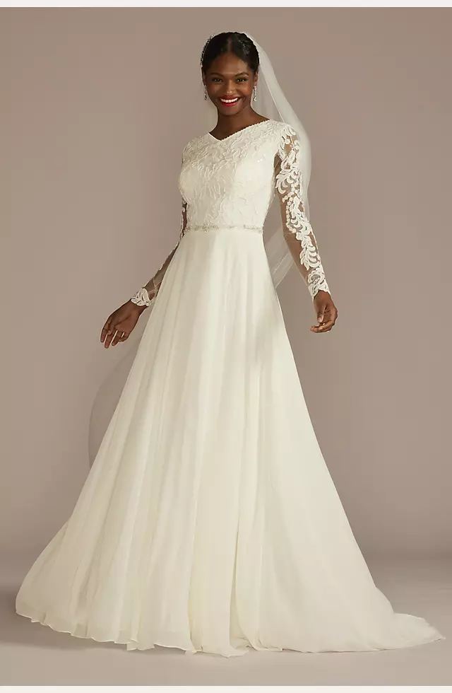 Long Sleeve Applique Chiffon Modest Wedding Dress