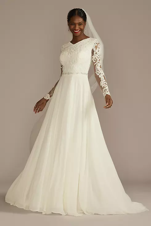 Long Sleeve Applique Chiffon Modest Wedding Dress | David's Bridal