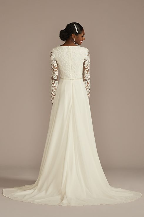 Long Sleeve Applique Chiffon Modest Wedding Dress Image 2
