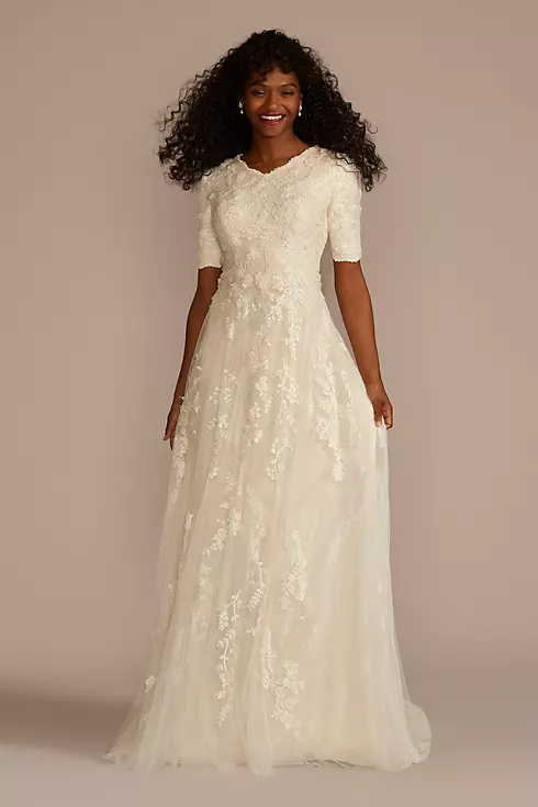 Beaded Lace Elbow Sleeve Modest Wedding Dress Image 1
