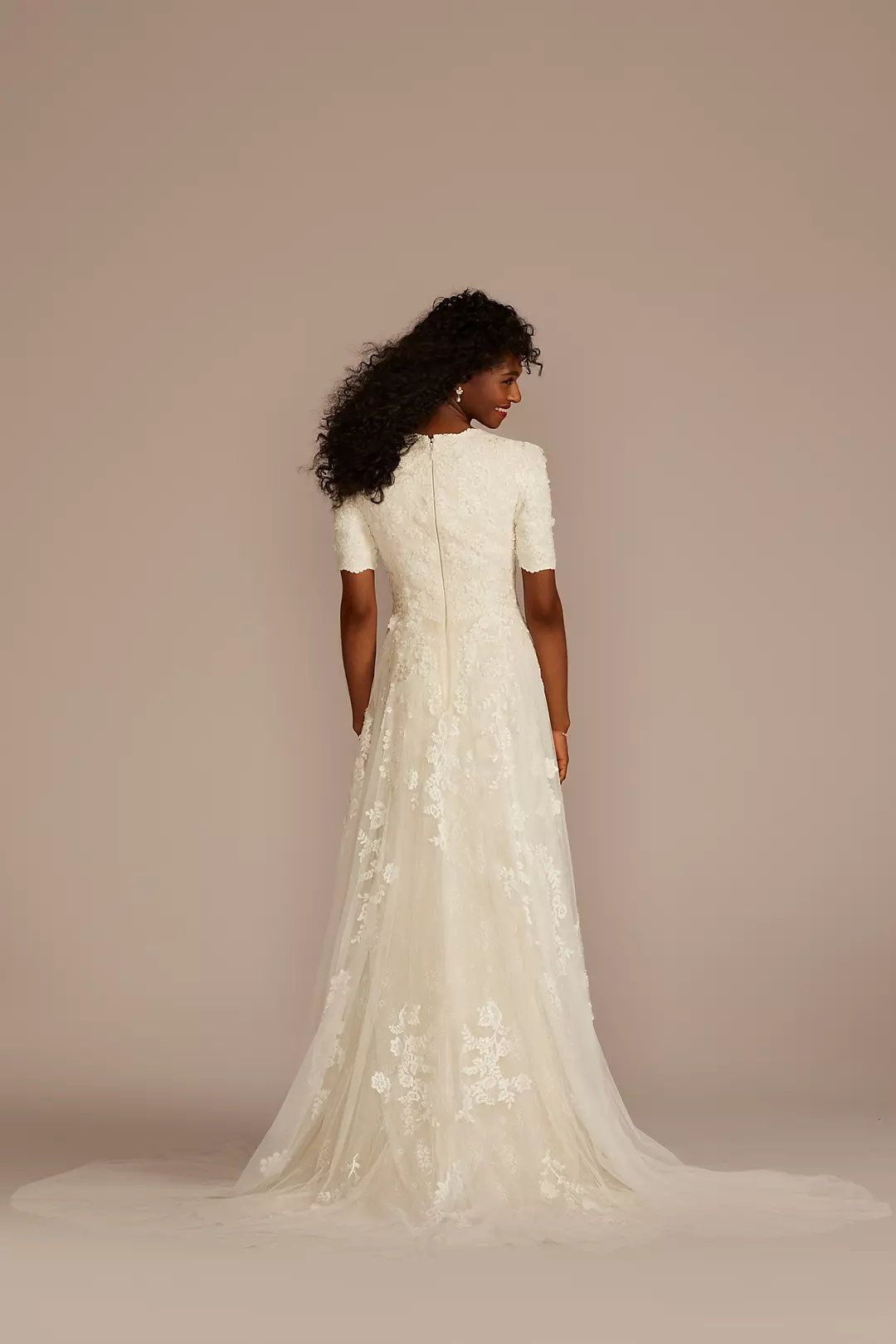 Beaded Lace Elbow Sleeve Modest Wedding Dress Image 2