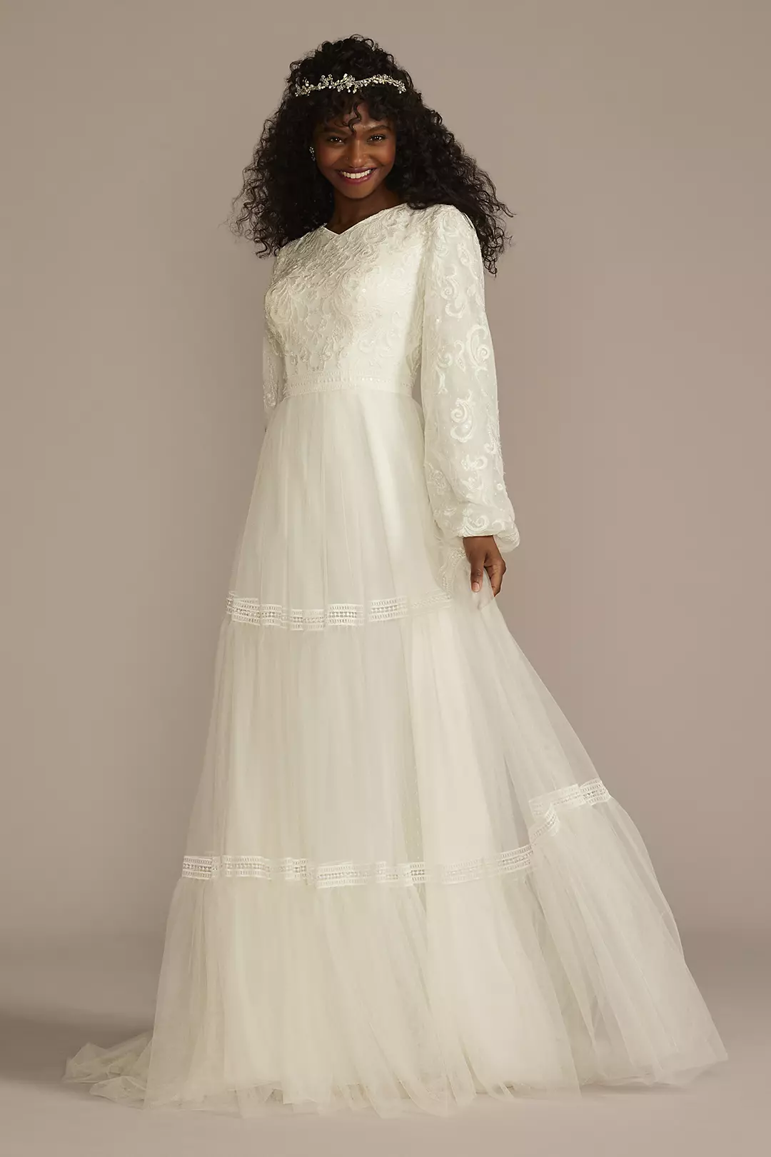 High Neck Beaded Lace A-Line Modest Wedding Dress Image 1