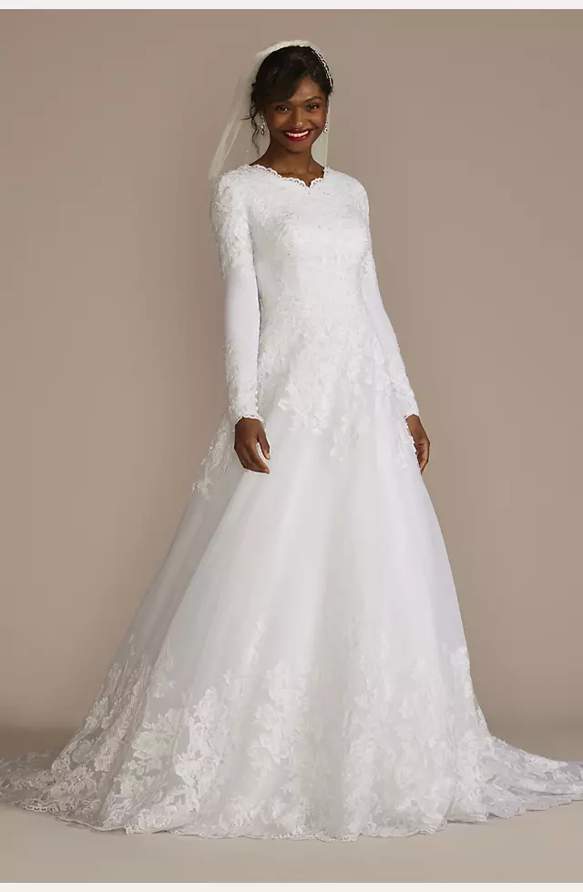 High Neck Lace Applique Modest Wedding Dress | David's Bridal