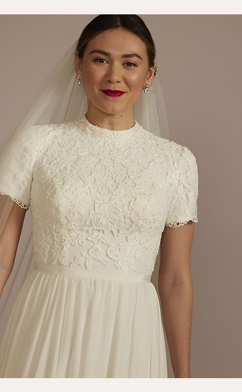 Short Sleeve High Neckline Sequin Lace Wedding Dress With High